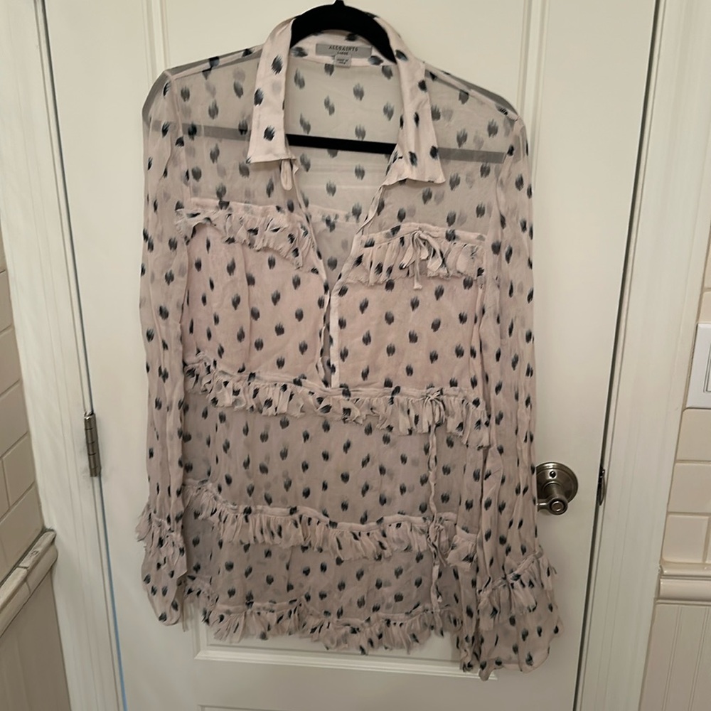 All saints long ruffle blouse, size large , soft pink with blue black accents.